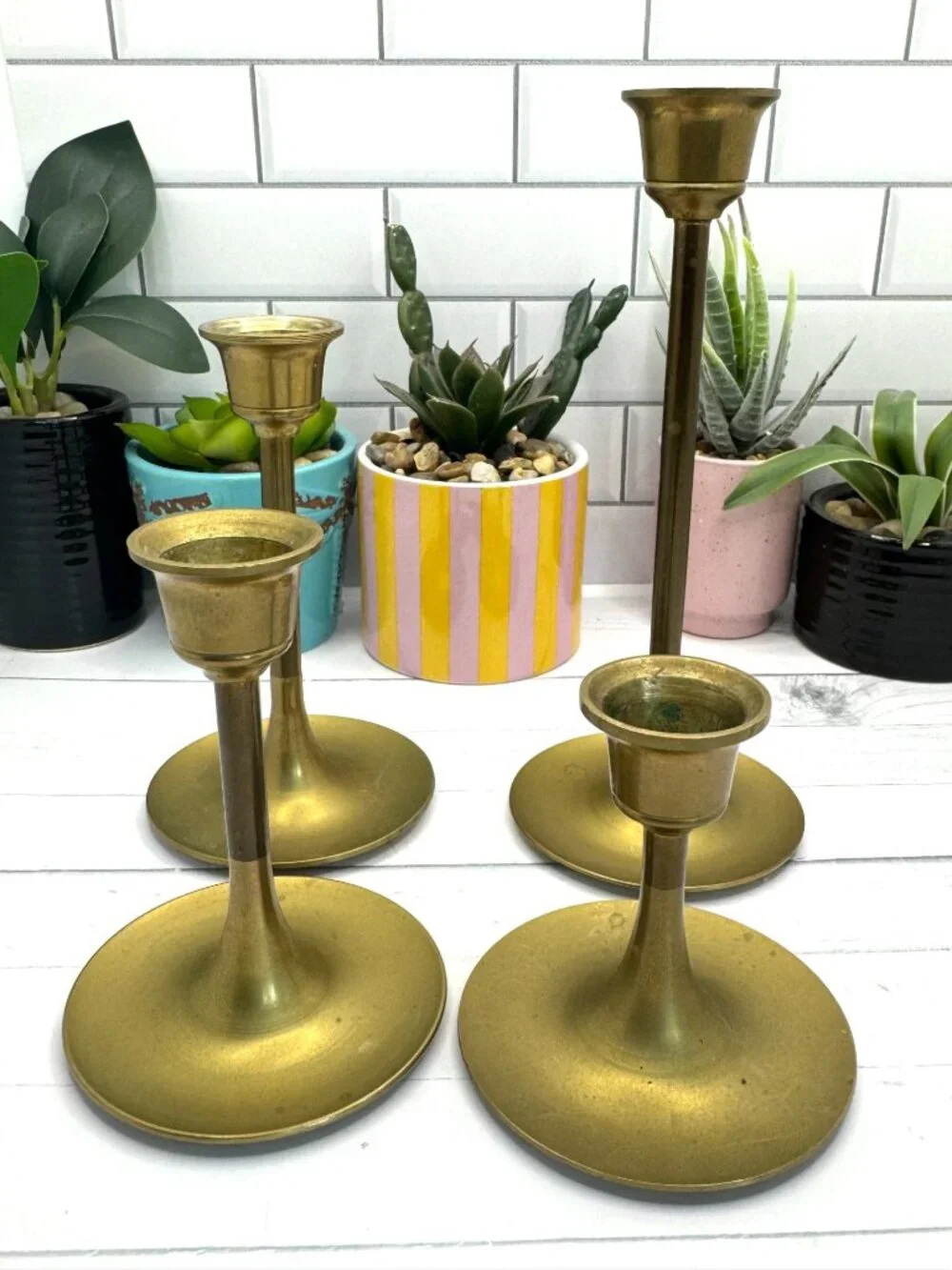Vintage Brass Candle Holder Set Of 4 With Varying Heights Tapered Design